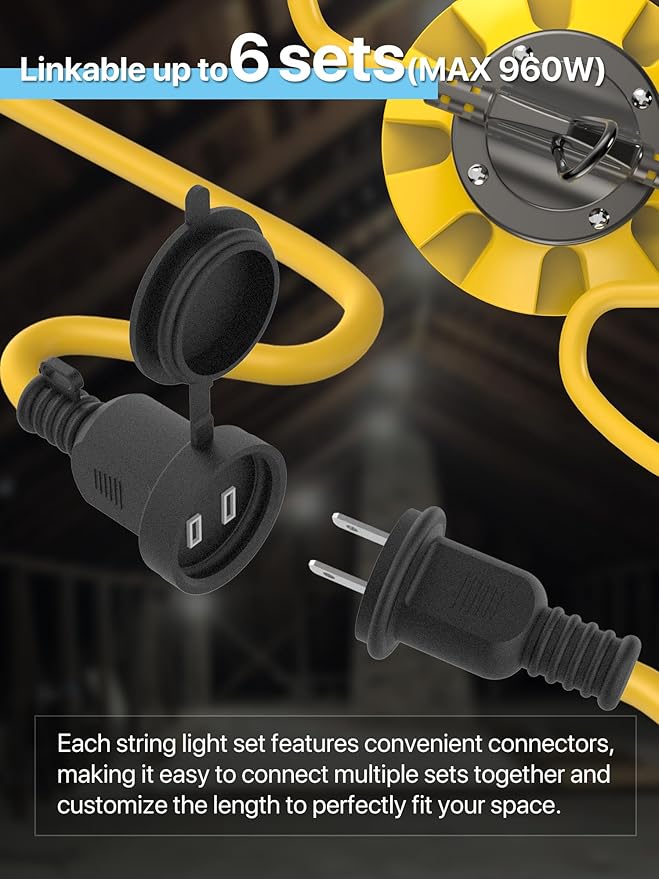 HYPERLITE Construction String Lights 100FT: 10 Bulbs String Work Lights with Climbing Hooks - IP65 Waterproof Linkable LED String Lights for Job Site Attic Renovation Crawlspace Lighting