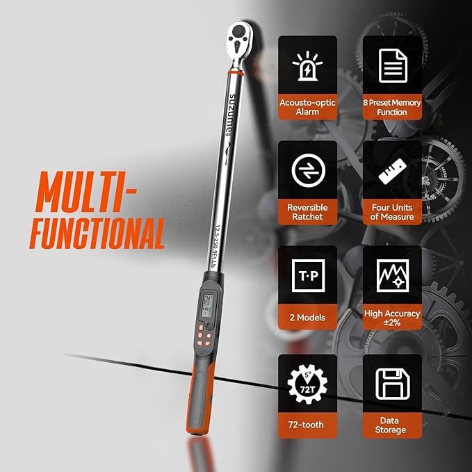 SUZUME Digital Torque Wrench (12.5-250.9 Ft. Lb/ 17-340.2 N.m) ±2% High Accuracy Digital Torque Wrench 1/2 Drive Dual-Direction Adjustable Torque Wrenches Digital with Buzzer and LED Flash