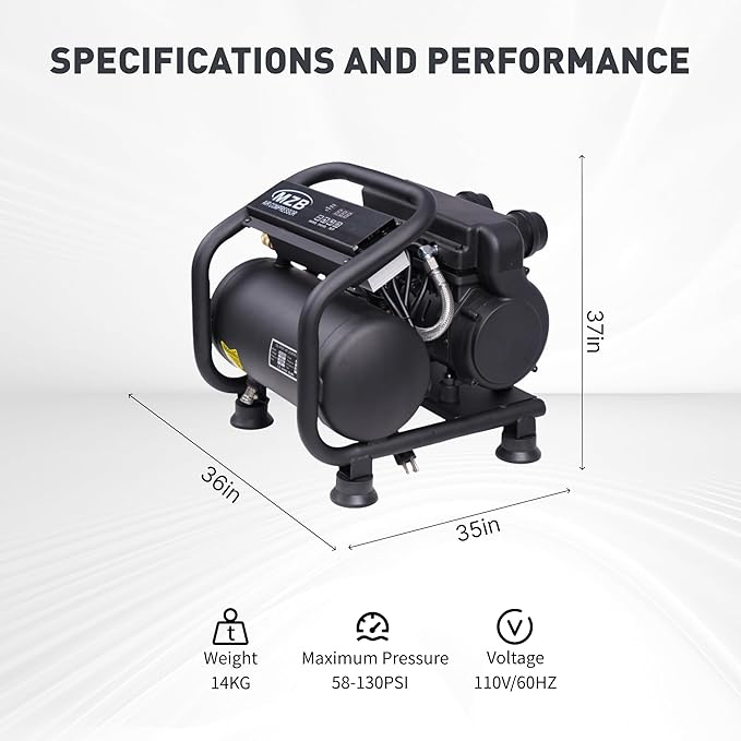 MZB 1.6 Gallon Ultra Quiet Air Compressor 110V/60Hz Steel Tanks Oil-Free 70dB Noise Level Air Compressor with Wheels for Spray Painting, Auto Repair, Carpentry Decoration