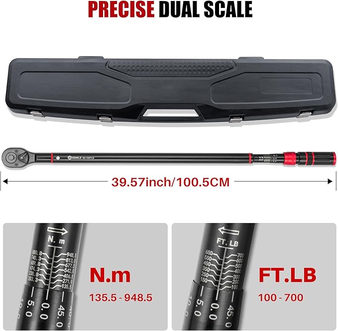 3/4-Inch Drive Click Torque Wrench - 100-700 Ft-Lb/136-949Nm, Dual-Direction Adjustable 48 Tooth Inch Pound Torque Wrench, Accuracy 3% for Car, Truck, Tractor, Maintenance and Product Assembly