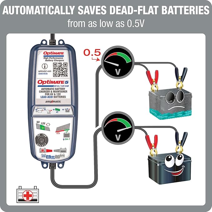 Tecmate Optimate5 6V/12V - 6V 4A / 12V 3A, Model TM321, Silver Series High Performance Battery Charger & maintainer for Deep Cycle Batteries