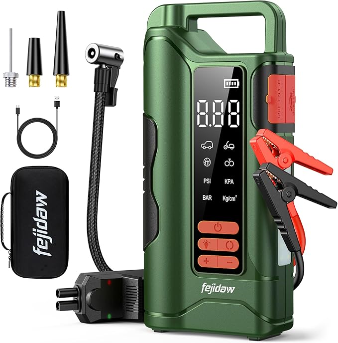 Jump Starter with Air Compressor,5000A Car Battery Jumper Starter, 16000mAh Battery Jumper Starter Portable for 10L Gas/Diesel Engine with 160PSI Booster,LED Display & Light,Jumper Cables