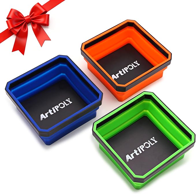 Collapsible Magnetic Parts Tray Set, 3 Pack Foldable Silicone Magnetic Tool Trays for Bolts, Screws, Nuts and Other Small Metal Parts, 4.5 Inch Square Silicone Bowls
