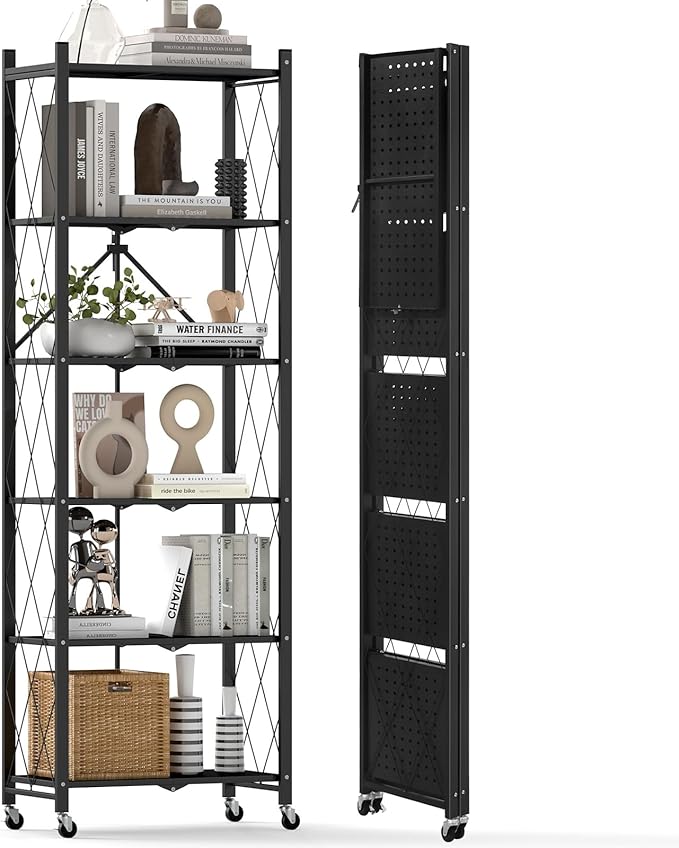 DEANIC 6-Shelf Folding Bookcase with Wheels, Heavy Duty Storage Shelves, Freestanding Metal Wire Shelving Unit for Living Room, Office, Kitchen, Basement, Pantry (Black)