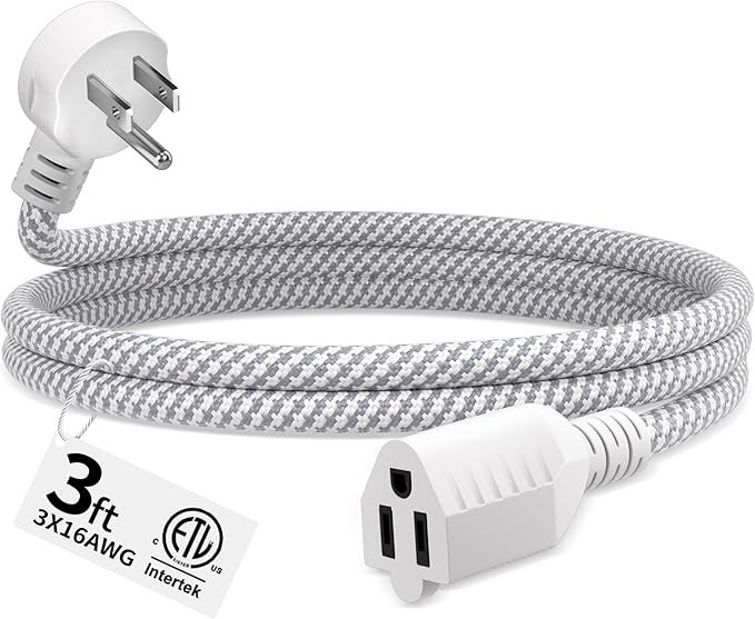 16 Gauge Braided Extension Cord 3 FT, 16/3 Flat Plug Power Cord Indoor, 3 Prong White Extension Cable Flexible for Home Dorm Room Essentials, 13A 125V 1625W, ETL Listed