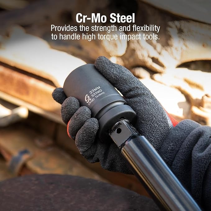 SUNEX TOOLS 533MD, 1 Inch Drive, 33mm Deep Impact Socket, Cr-Mo Steel, Radius Corner Design, Chamfered Opening, Dual Size Markings