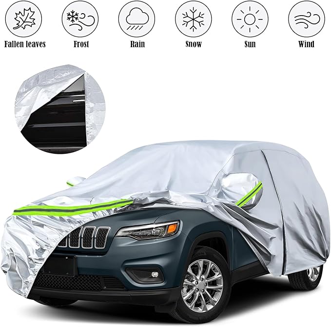 Waterproof Car Covers Replace for 2014-2025 Jeep Cherokee, 6 Layers Silver All Weather Custom-fit Car Cover with Zipper Door & Windproof Bands for Snow Rain Dust Hail Protection