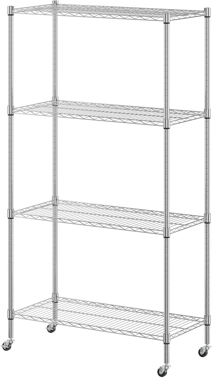 Homdox Heavy Duty 4-Tier Metal Shelving Unit with Adjustable Shelves, Rolling Storage Rack for Kitchen, Garage, Pantry, 36.02"x17.91"x74.41", Silver