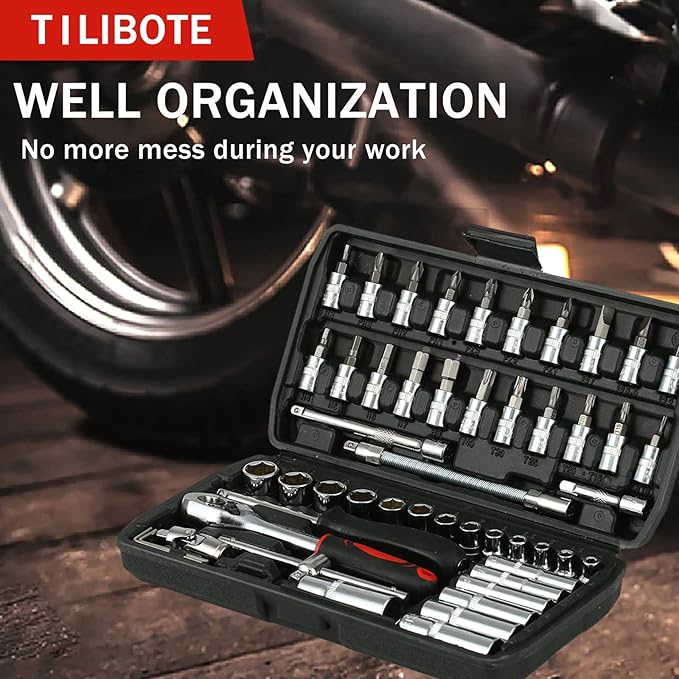 Socket Wrench Set, 53PCS 1/4 Inch Ratcheting Wrench Set And Extension Bar Gimbal Slide Bar Extension Sockets, Set For Automotive Repair And Home Use.