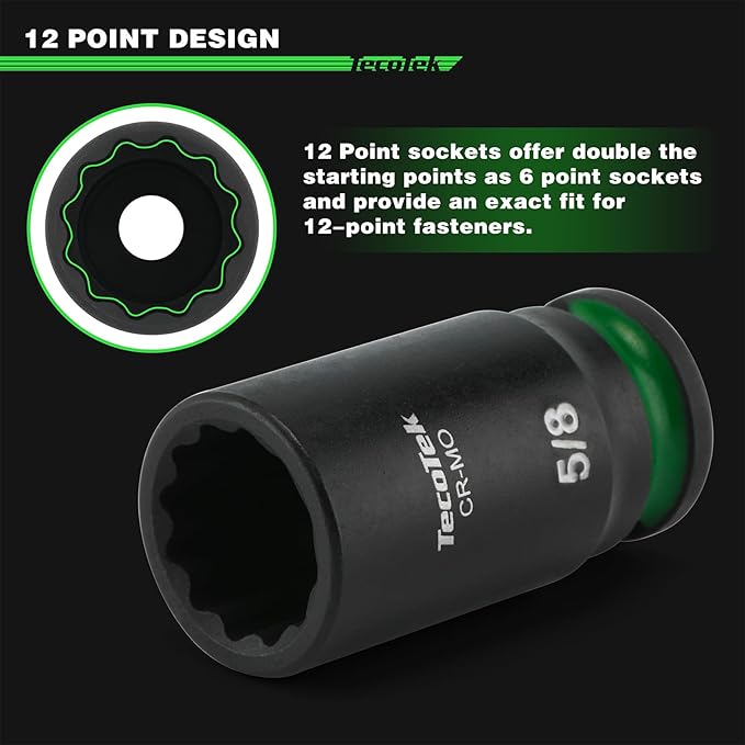 3/8-Inch Drive 12-Point SAE Semi-Deep Impact Socket Set, Mid-Length Socket Set, 5/16-Inch to 1-Inch, CR-MO, Stamped and Ink Filled Size Marking, 12-Piece
