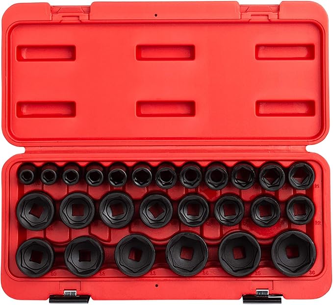 Sunex 2641, 1/2 In Drive Deep Impact Socket Set, 19-Piece, SAE, 3/8" - 1-1/2" & 2645, 1/2 In Drive Impact Socket Set, 26-Piece, Metric, 10mm-36mm, Cr-Mo Alloy Steel