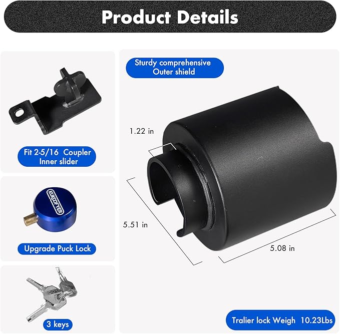 2026 Upgraded Trailer Lock Fits 2-5/16 Inch Coupler, Heavy Duty Trailer Hitch Locks, Anti-Theft Trailer Coupler Lock for RV | Cargo | Camper | Dump Trailer (Blue)