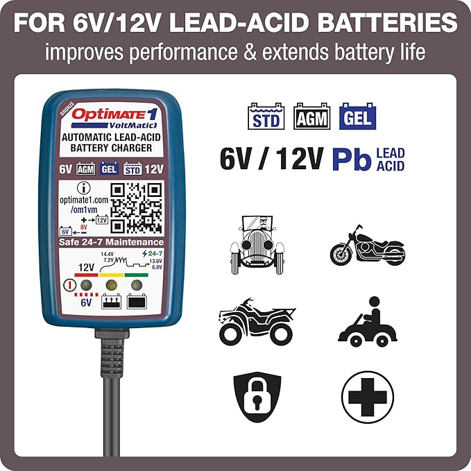 Tecmate Optimate 1 VoltMATIC, TM-401a, Bronze Series: 4-Step 6V / 12V (0.6A), Battery Charger & maintainer,Blue