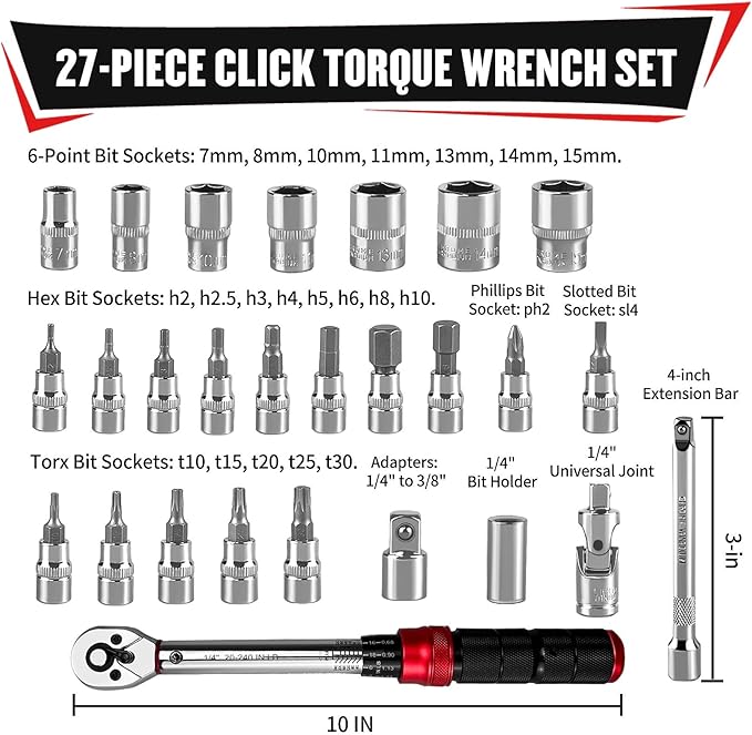YIYITOOLS 27Pcs 1/4 Inch Drive Click Torque Wrench Set, Bike Maintenance Kit with Bit Sockets, Adapter, Universal Joint & Extension Bar, 2.3-27.1NM (20-240IN.LB) ±3% Precision