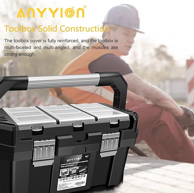 Anyyion 17-Inch Tool box with Removable Tray with Stainless Steel Dual Lock Secured,Small Parts Box, Metal Handle is Truly Rugged（Internal:15.67"L x 7.56"W x 6.7"H)