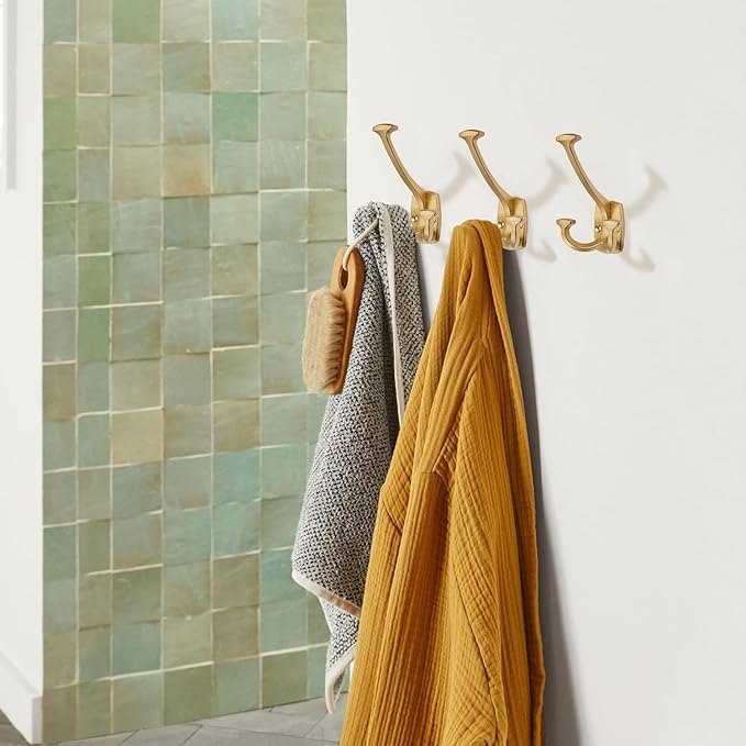 Large Wall Double-Sided Hook 5 Pack Brushed Gold Hook Decorative Heavy Duty Solid Large Coat Hooks for Towel Hanging Coats Robe Towel Bags Door Back 2 Prong Hooks
