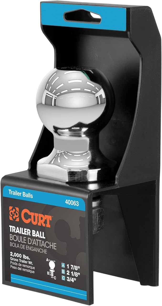 CURT 40063 Chrome Trailer Hitch Ball, 2,000 lbs, 1-7/8-Inch Diameter, 3/4 x 2-1/8-Inch Shank