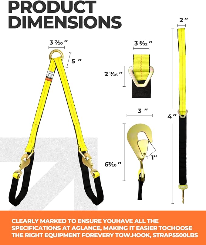TKK Heavy-Duty V-Bridle Tow Strap 2" x 4' – 5,400 lbs Load Capacity | Snap Hooks, Axle Straps & Cordura Sleeve | D-Ring for Tow Truck & Flatbed Towing
