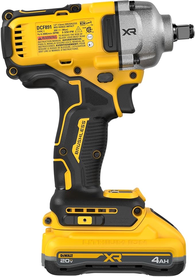 DEWALT Impact Wrench 1/2, 20V MAX XR Brushless Cordless Impact Gun With Hog Ring Anvil Kit, Includes 4 Ah Battery and Charger, Mid-Torque (DCF891QQ1)