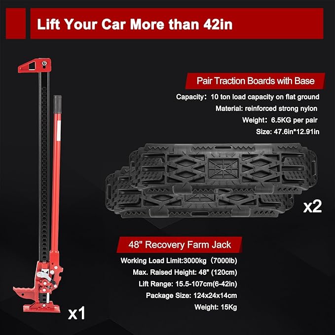 BUNKER INDUST Offroad High Lift Jack with Pair Traction Board Mate,48" FarmJack with Sand Mud Snow Track Mat Board, Offroad Tire Recovery Kit for Car Truck Jeep ATV SUV UTV