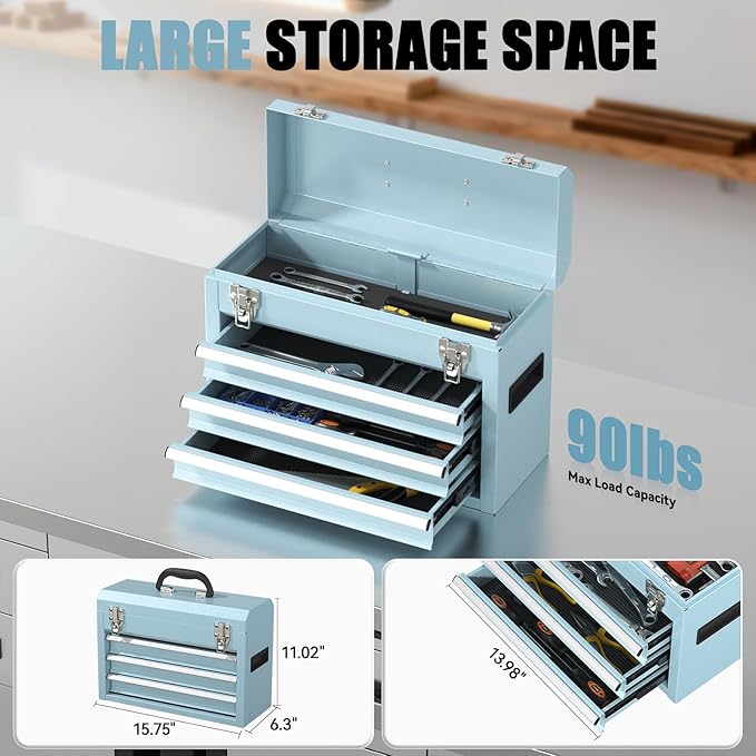 3-Drawer Tool Box, Tool Storage Cabinet, Tool Chest and Locking Mechanism, Metal Tool Cart for Garage Workshop and Room Use (Blue)