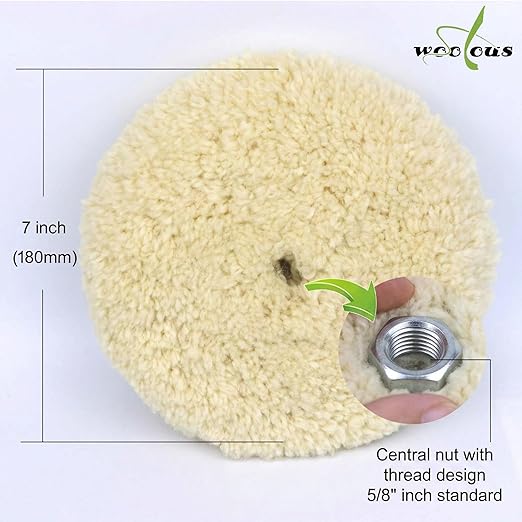 Woolous 7 inch Wool Buffing Pad Double Sided, 100% Wool Pads with 5/8-11 Thread for Buffing 2-Sided Compound, Polishing and Cutting for Cars, Boats, Trucks, RVs, Motorcycles & Metal Surfaces (180 mm)