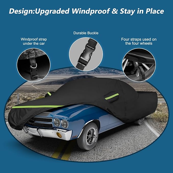 Waterproof Car Covers for Chevrolet El Camino 1964-1967,1978-1987, 420D Oxford Cloth Sun Heat Protection Outdoor Full Covers with Driver Side Zipper Windproof Heavy Duty Weather