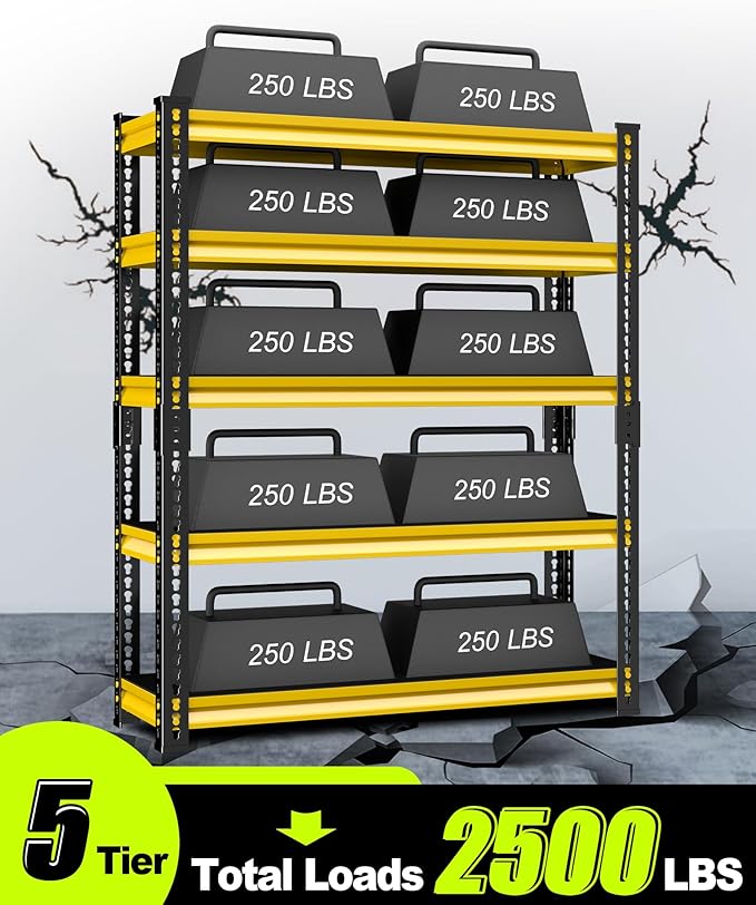 Garage Shelving Heavy Duty 2500LBS Loads, 48" W Adjustable Garage Storage Shelves, 5-Tier Metal Shelving Units and Storage, Industrial Utility Shelf, 48" Wx18 Dx78 H,Yellow