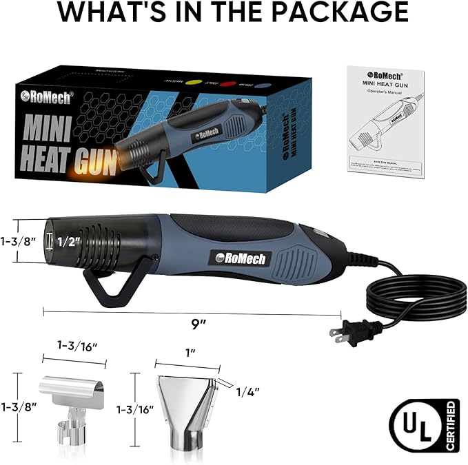 ROMECH 350W Heat Gun with 2 Nozzles, Dual Temp Heat Gun 400°F-660°F, Fast Heat Hot Air Gun with Overload Protection for DIY Craft Embossing Shrink Wrapping (Blue)