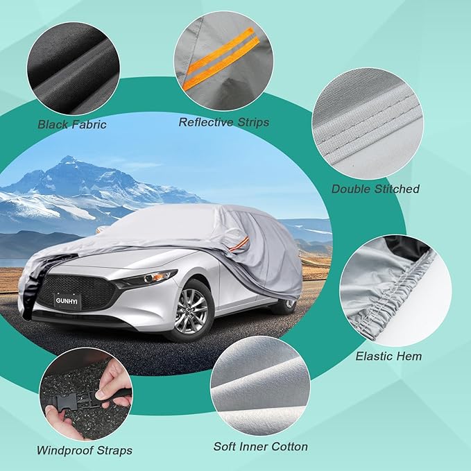 Hatchback Car Cover Waterproof All Weather, 6 Layers Heavy Duty Full Exterior Cover Universal fit vw Golf, Honda Fit, Kia Soul, Toyota Matrix, Nissan Leaf etc. Size H1 (See Size Chart)
