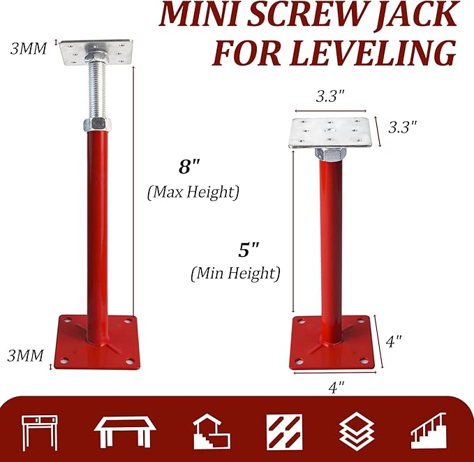 4 Pack Screw House Foundation Jack for Leveling Deck Support, Adjustable Support Jacks for Basement Crawlspace, 5"-8" Height Range, Construction House Jack for Temporary Supports