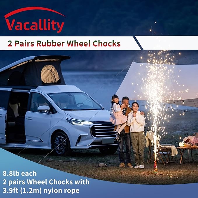 Vacallity Wheel Chocks for Travel Trailers Camper RV Truck Car, Solid Rubber Sturdiness Heavy Duty Simple Easy to use, Tires Chock Block Stopper with Nylon Rope Red Reflective Tape