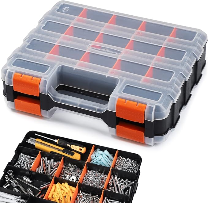 Kowsinde Double Side Tool Organizer, Hardware Storage Box, 34-Compartments Small Parts Organizer with Removable Dividers for Screws, Nuts, Nails, Bolts