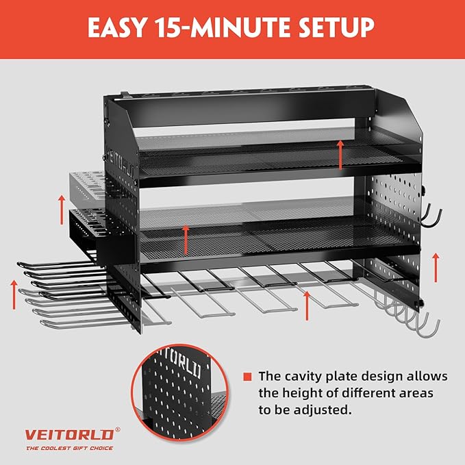 Power Tool Organizer with Charging Station, Heavy Duty Modular Wall Mount Rack for Garage & Shed Organization, 4 Drill Holders, Fathers Day Anniversary Birthday Gifts for Men Dad Him Husband(Black)
