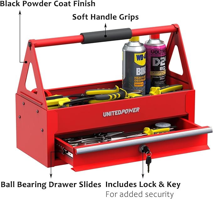 UNITEDPOWER Handy Tool Box With 1 Drawer，Portable Metal Tote Tray with comfortable grip handle, Tool Organization for Household, Warehouse, Repair Shop, Red