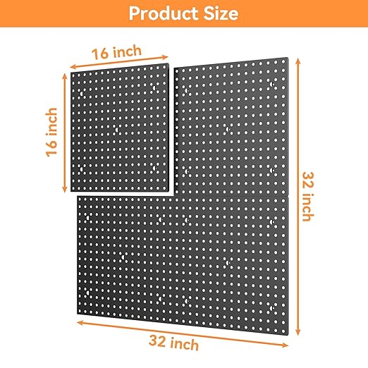 TORACK 4 PCS 16 x16 in Pegboard Panels for Wall Garage Tools Organizer Pegboard for Workbench, Modular Peg Board Tool Board(Pack of 4, Black)