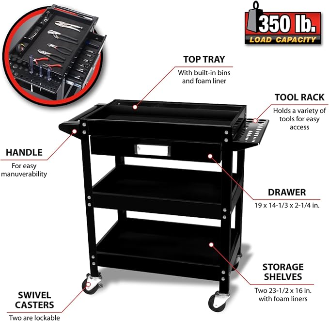 Performance Tool W54006 23-Inch x 16-Inch 3 Shelf Utility Cart with Drawer
