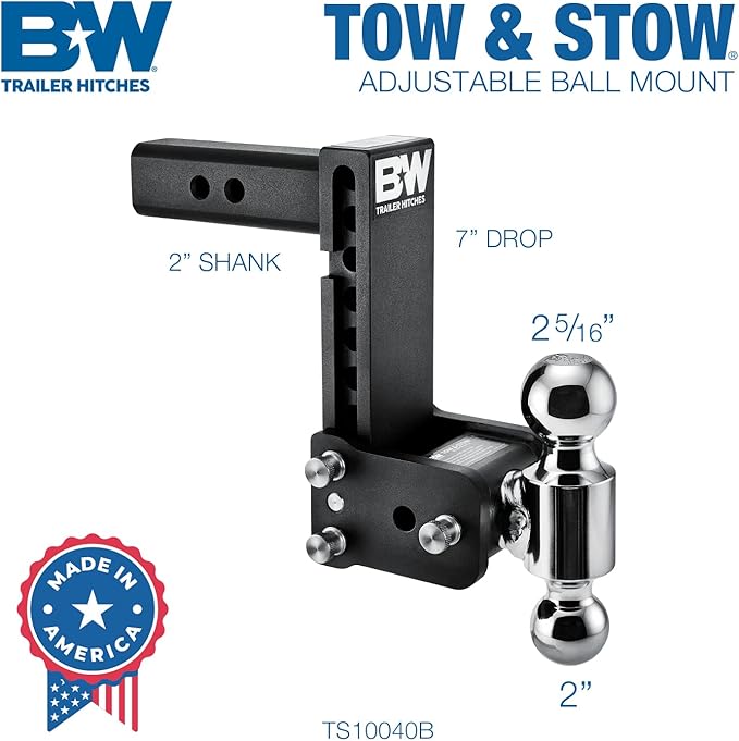 B&W Trailer Hitches Tow & Stow Adjustable Trailer Hitch Ball Mount - Fits 2" Receiver, Dual Ball (2" x 2-5/16"), 7" Drop, 10,000 GTW - TS10040B