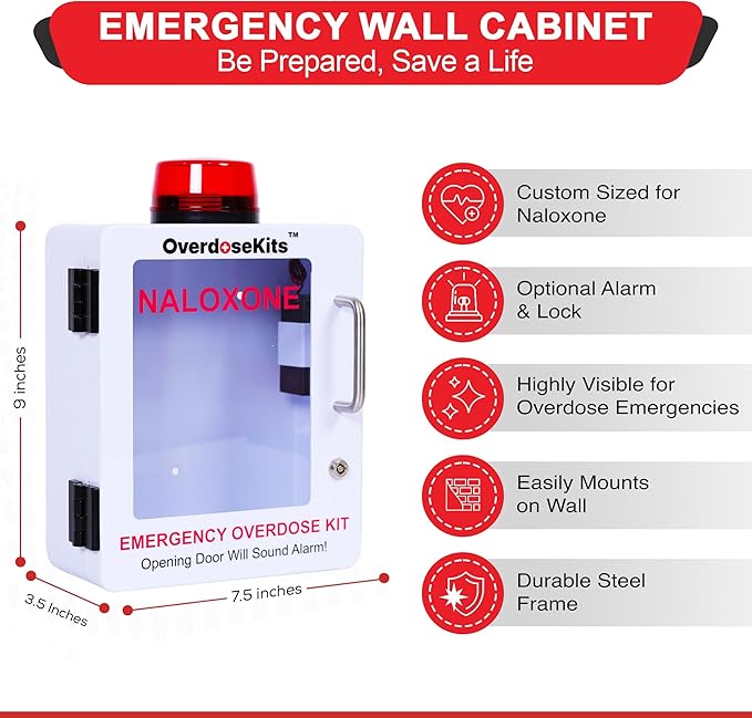 Naloxone Overdose Emergency Kit Cabinet - Includes Optional Alarm and Locking System - Designed for Wall Mount & Public Access (Metal, White)