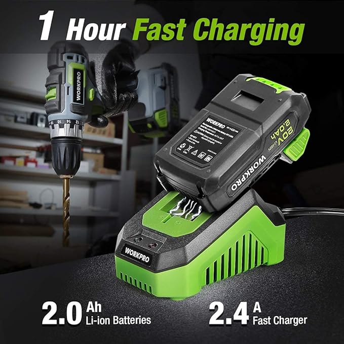 WORKPRO 20V Cordless Drill/Driver Kit, 3/8”, 18+2 Torque Setting, Variable Speed, 2.0 Ah Li-ion Battery and 1 Hour Fast Charger