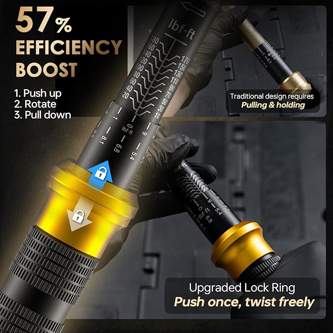3 in 1 Torque Wrench Set with Upgraded Lock Ring, 1/4" & 1/2" Drive (10-230 In.lb/10-180 Ft.lb) Torque Wrenches with 3/8" Adapter, ±3% Accuracy, 72-Tooth Dual-Scales for Bike, Motor, Car Maintenance