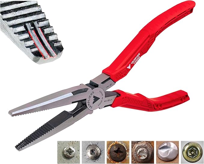 VAMPLIERS 4-PC Screw Extractor Pliers Set. Made in Japan: 8" Linesman, 7.5" Long Nose, 6.25" Black Oxide & 5" ESD Safe Mini Plier. Remove any Stripped/Damaged/Rusted Fasteners