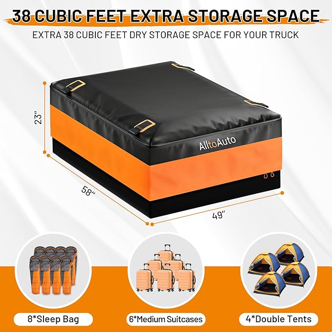 [Jumbo 38 CuFt] Truck Bed Cargo Bag, 100% Waterproof Heavy Duty Pickup Storage Bag (58"x49"x23"), Heat-Welded Seams & 3-Side Zipper, Fits Full-Size Trucks for Moving & Camping