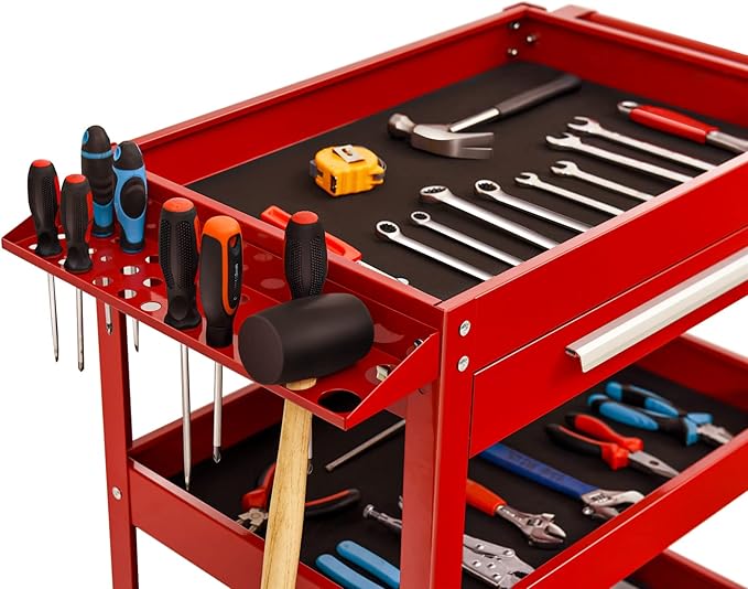 ERGOMASTER Metal Service Utility Cart with Wheels - 500LBS Tool Cart Heavy Duty Rolling 3-Tier Storage Organizer, for Garage Industrial Cart (Red)