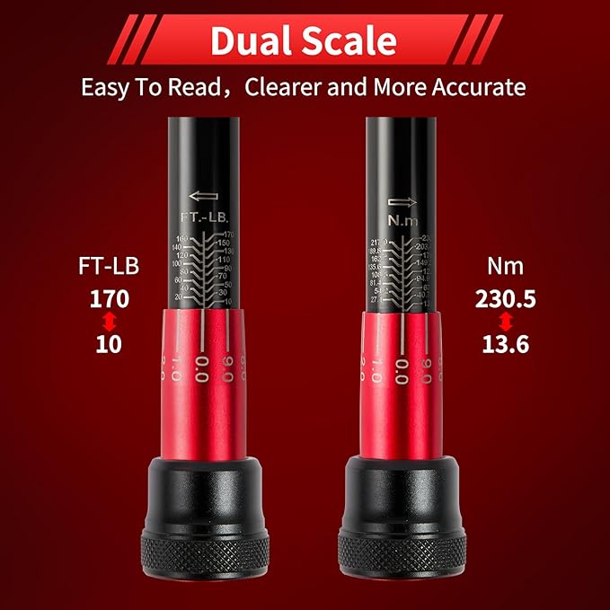 1/2 Inch Drive Click Torque Wrench, Dual-direction Torque Wrench 10-170.0ft.lb/13.60-230.5Nm, 72-tooth Torque Wrenches with Dual Range Scales, ±3% High Precision For Bike