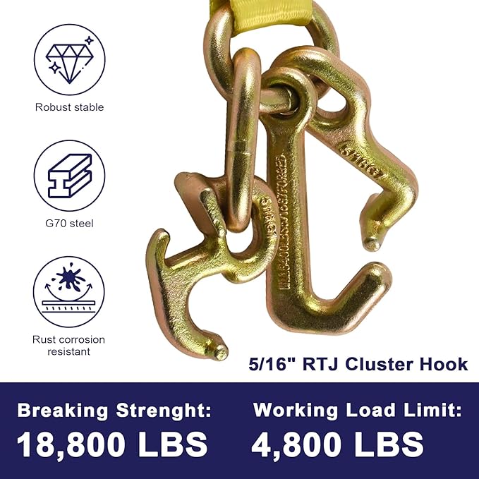Tie Down Chain Ratchet Straps with 5/16" G70 RTJ Cluster Hook, 18,800 lbs, Heavy Duty Roll Back Car Hauler Tow Ratchets with Chain, for Auto Towing & Recovery, 2 Pack