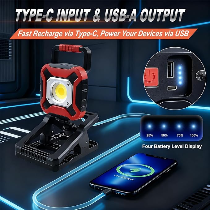 JumJam LED Work Light, Magnetic Job Site Lighting Battery Powered, Rechargeable Work Flood Lights for Workshop, Car Repair, DIY Crafts and Garage