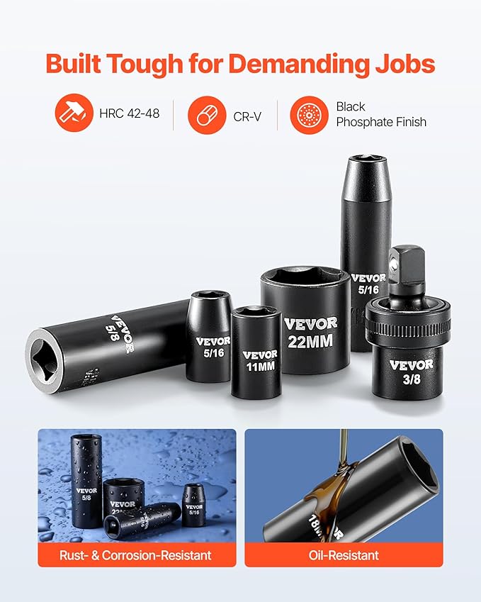 VEVOR 3/8" Drive Impact Socket Set, 50-Piece Standard SAE (5/16 to 3/4 inch) & Metric (8-22 mm) Size, Deep & Shallow, 6 Point, CR-V, Ratchet Handle, Extension Bars, Universal Joint, Reducer, Adapter