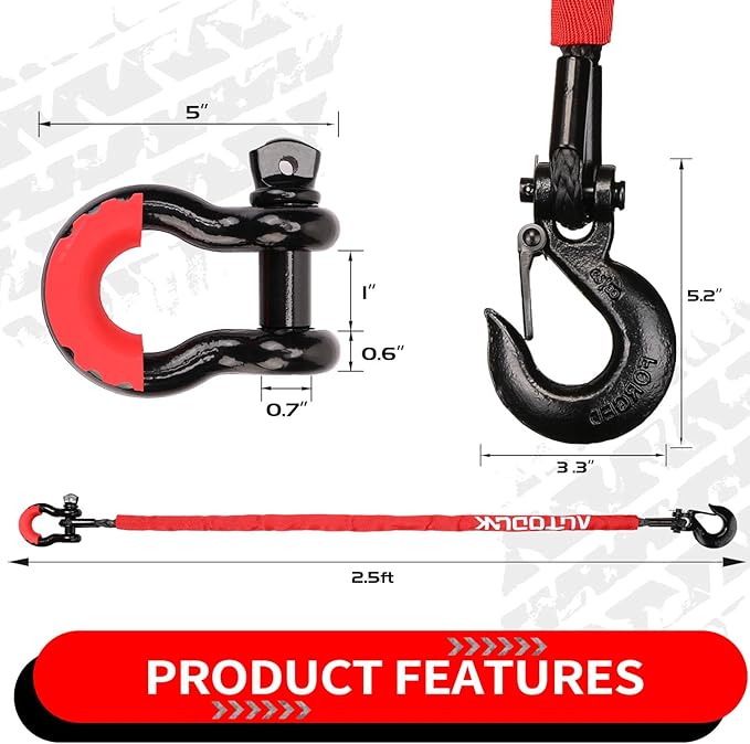 2.5FT UTV ATV Recovery Strap 19400LBS with Winch Hook and D-Ring Shackle, Synthetic Tow Rope Premium Mudding Accessories