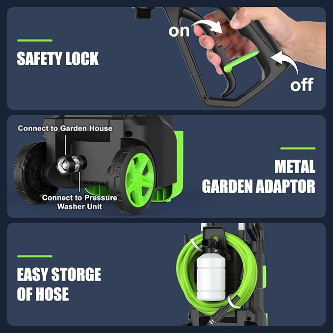 Adjustable Electric Pressure Washer 5000PSI with 33FT Flexible Extension Hose + 34FT Power Cord, 4 Nozzles, Foam Cannon, Best Power Washer for Cars, Patios, Driveways, Green